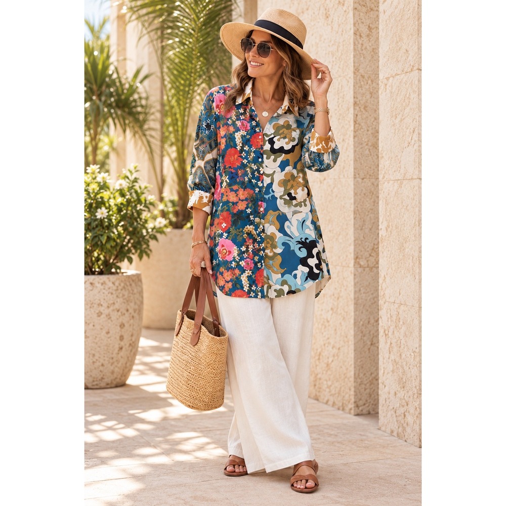 Chic Resort Print Floral Patchwork Paisley Boho Tunic Button Down Shirt Sz S